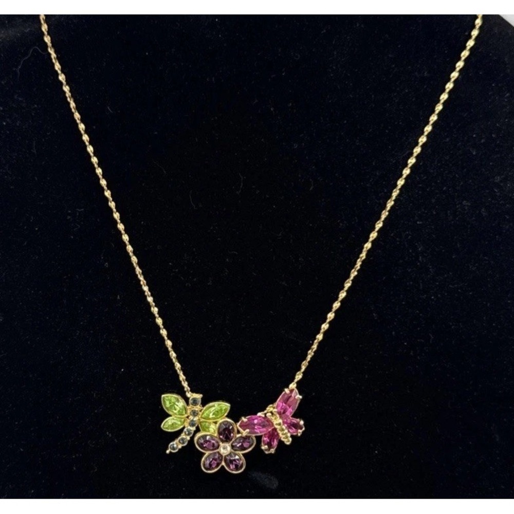Vtg Kenneth Jay Lane KJL Gold Tone Chain & Butterfly Dragonfly Flower Pendant 16